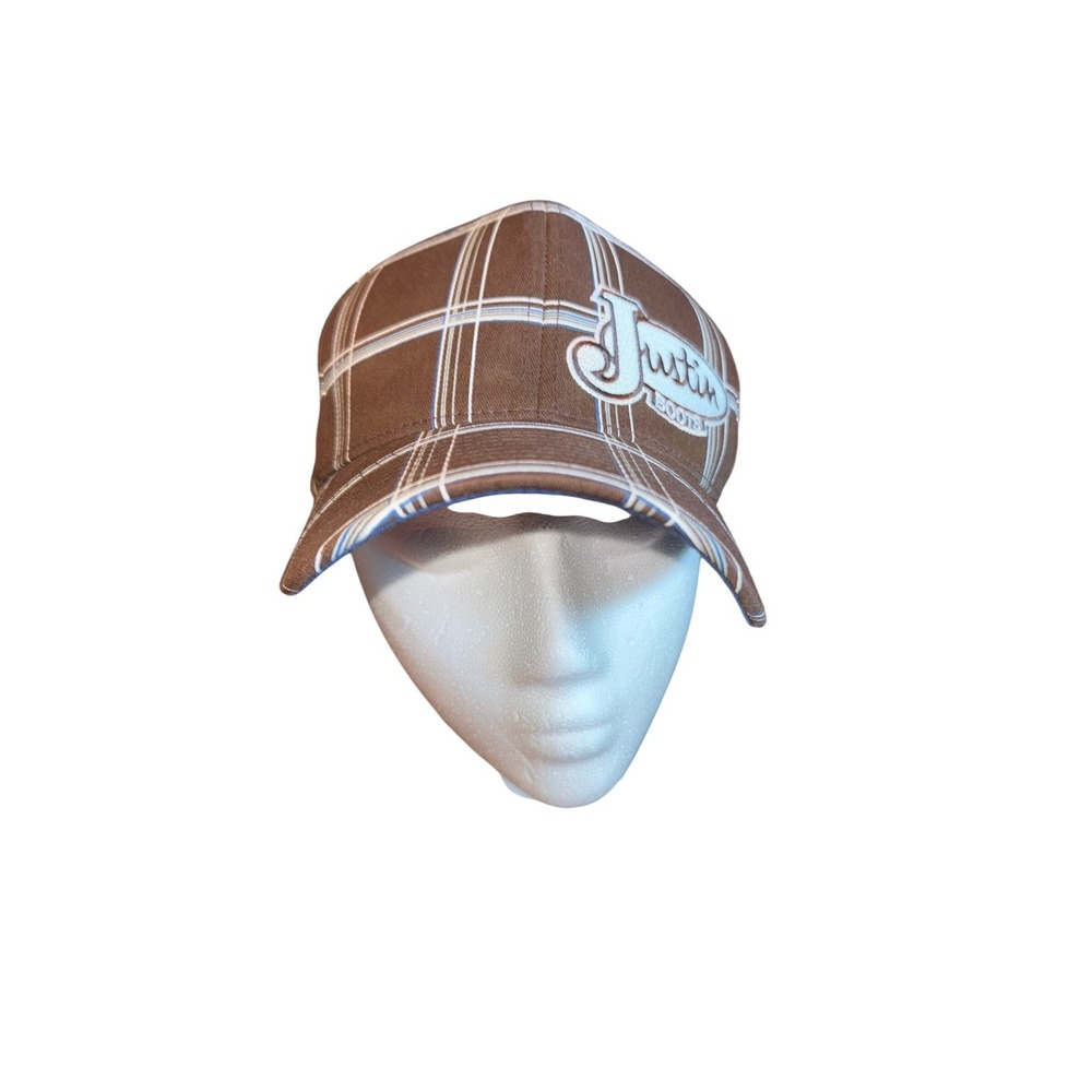 Justin Boots Mens Brown Plaid Flexfit Baseball Cap Hat Western Logo Embroidered